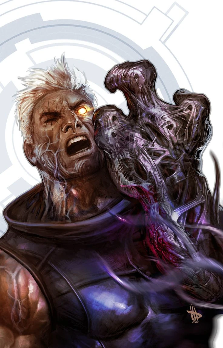 Cable in combat gear holding a large weapon, comic cover art