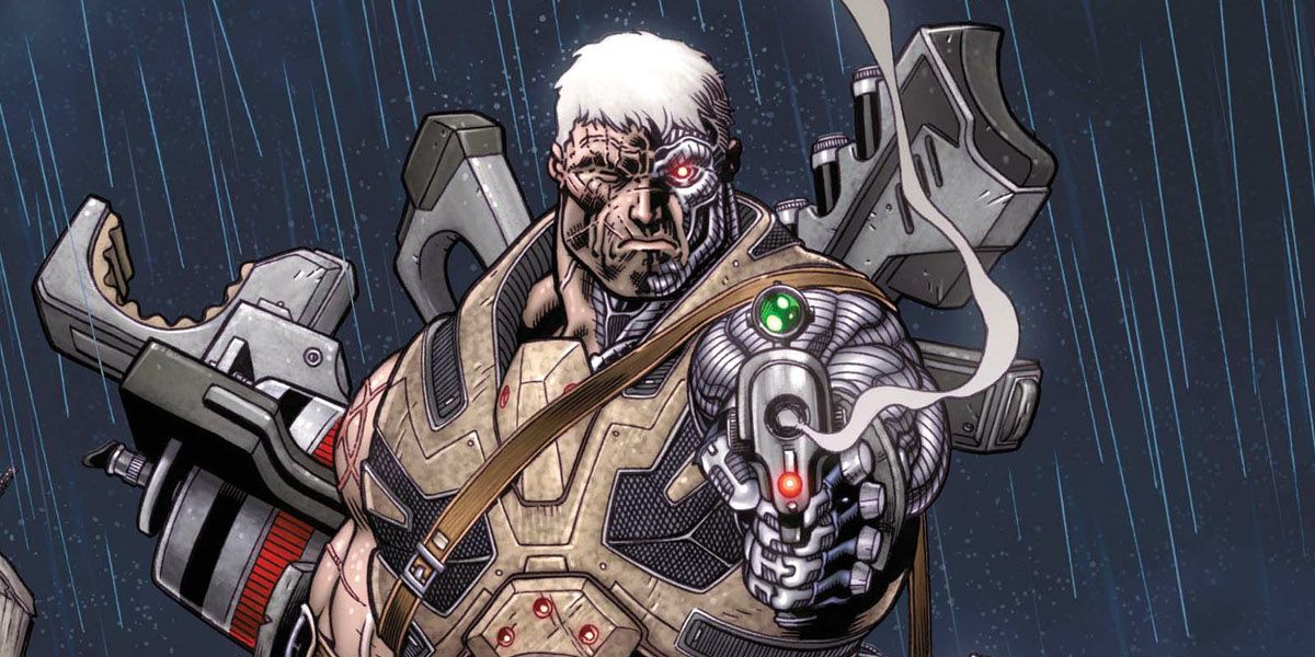 Cable with techno-organic metal across half his face and a metal arm, pointing a smoking gun, comic art