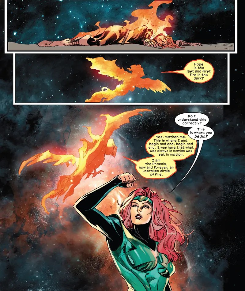 Hope Summers wreathed in Phoenix fire, comic art