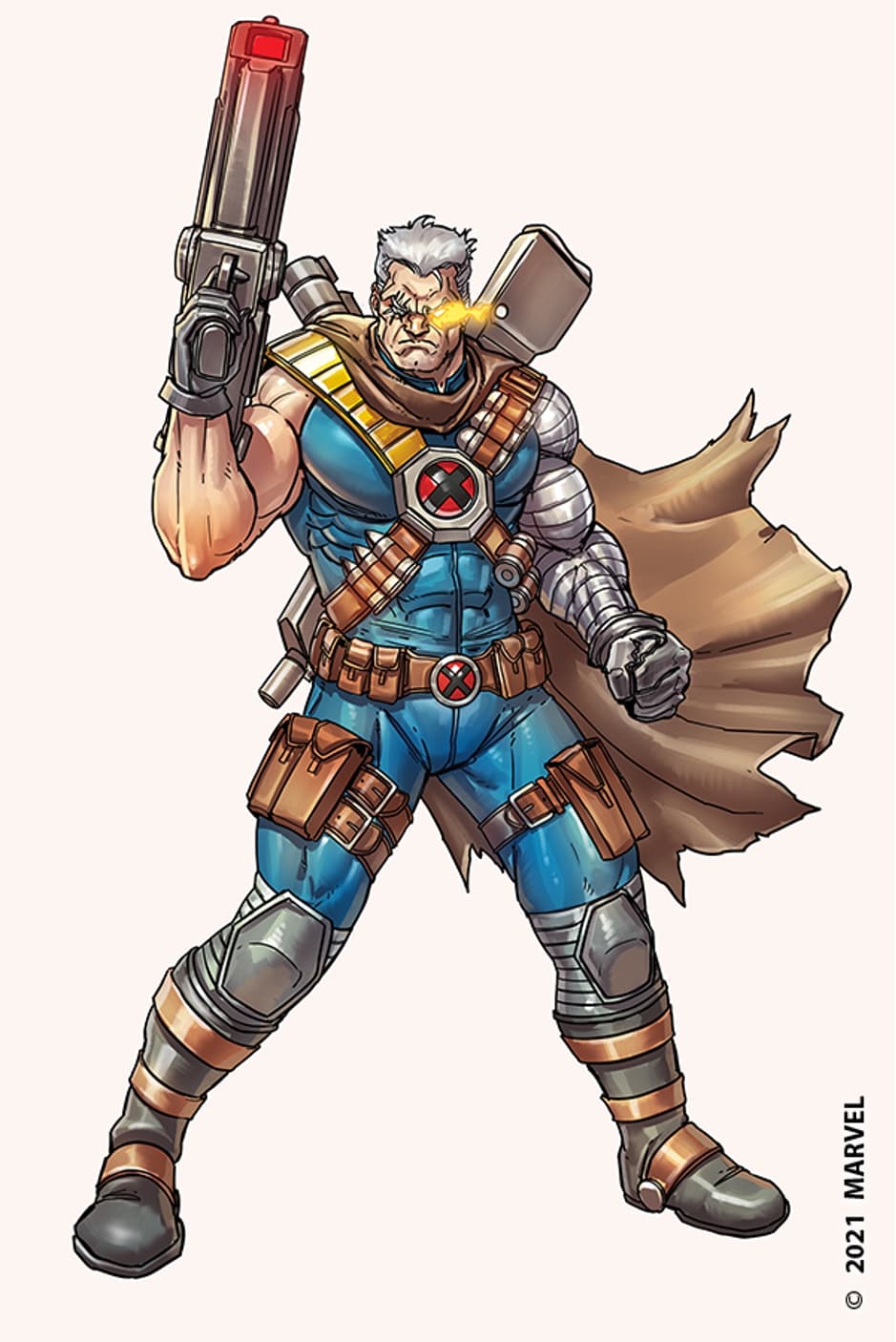 Cable in combat gear with a large weapon, comic art