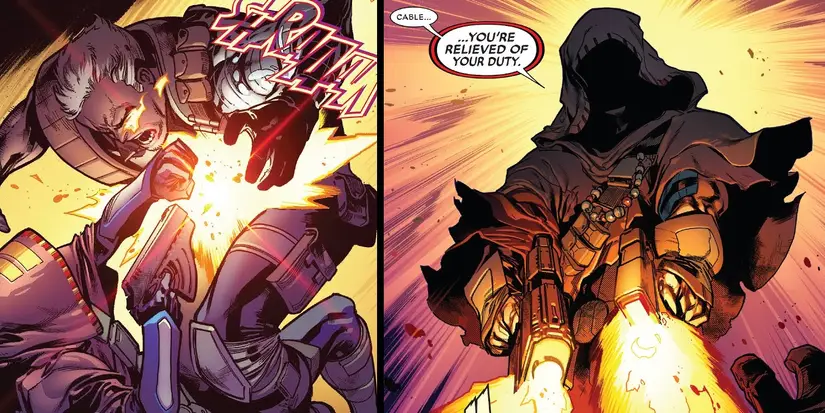 Cable confronting his younger self, comic art
