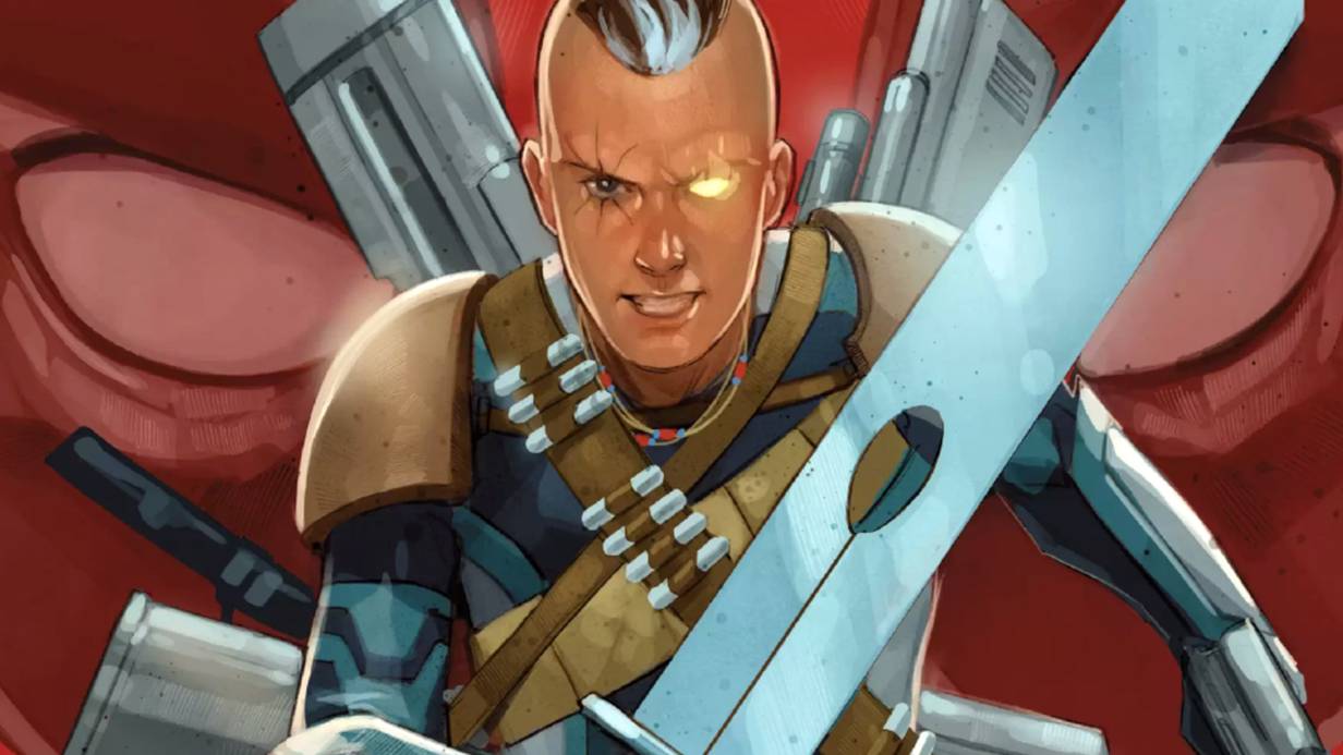 Young Cable holding a glowing sword, comic art