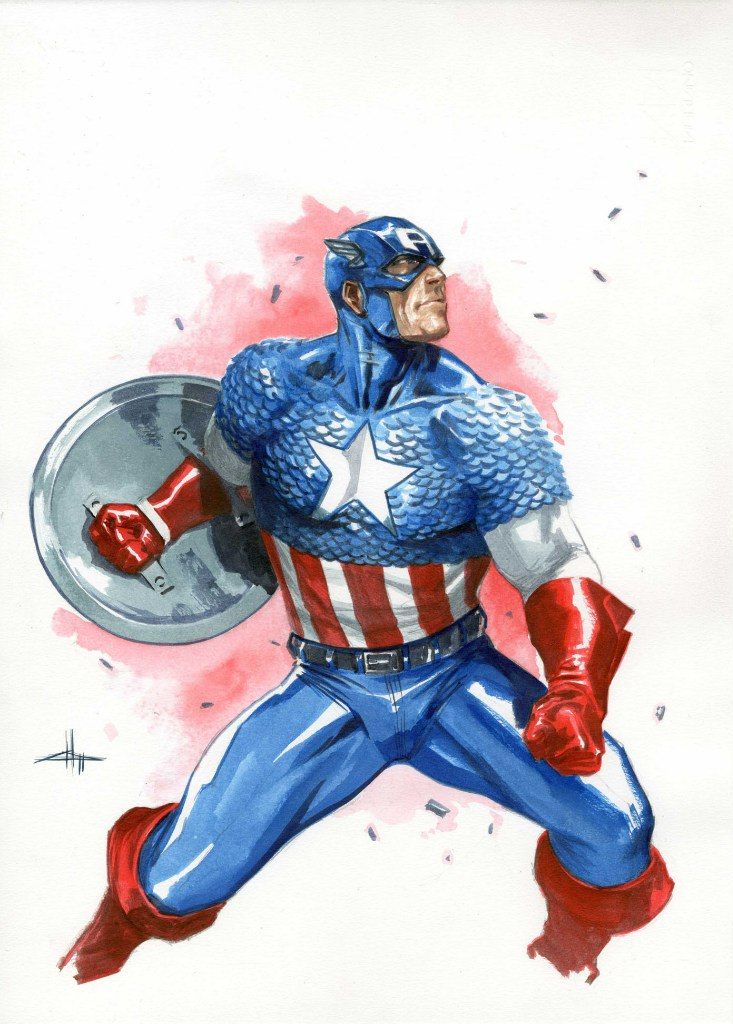 Captain America in scale-mail costume holding shield painted comic art