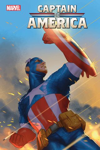 Captain America charging forward in painted comic art