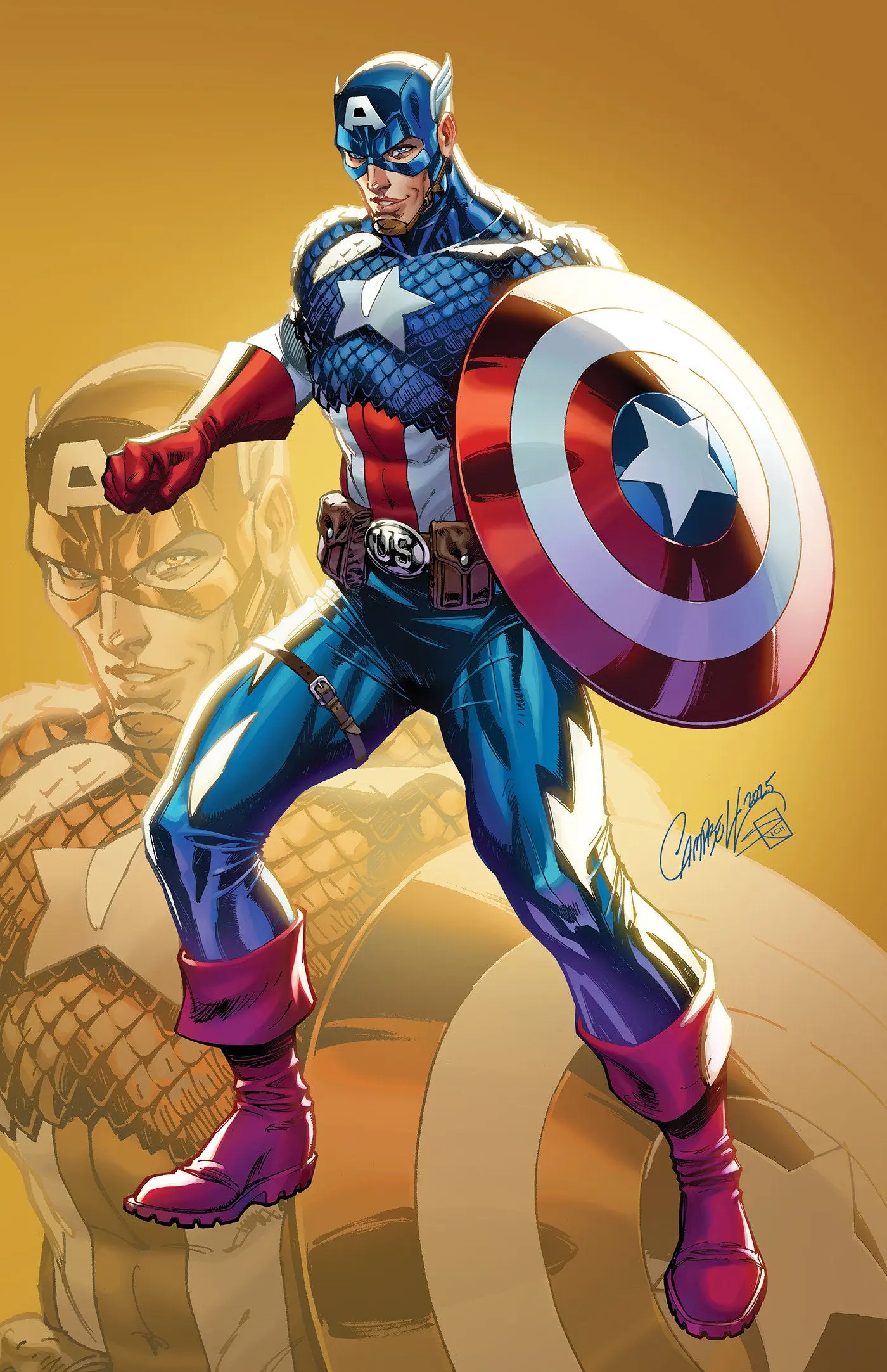 Captain America comic cover art holding his round shield