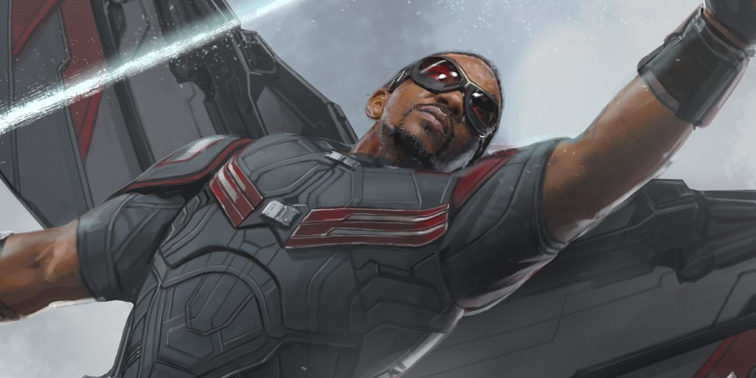 Sam Wilson as the Falcon with mechanical wings, comic art