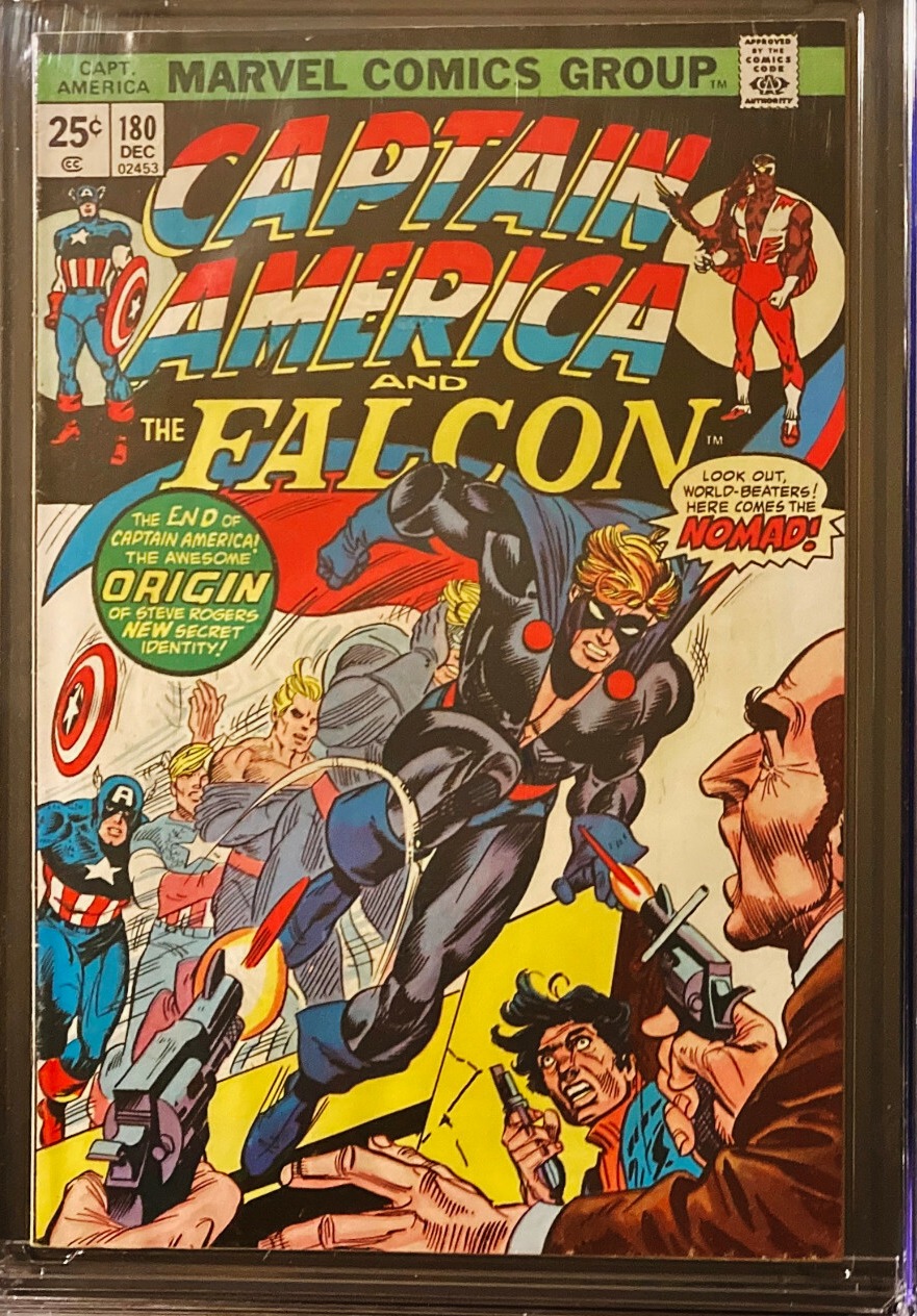 Cover of Captain America #180 showing Nomad leaping into action