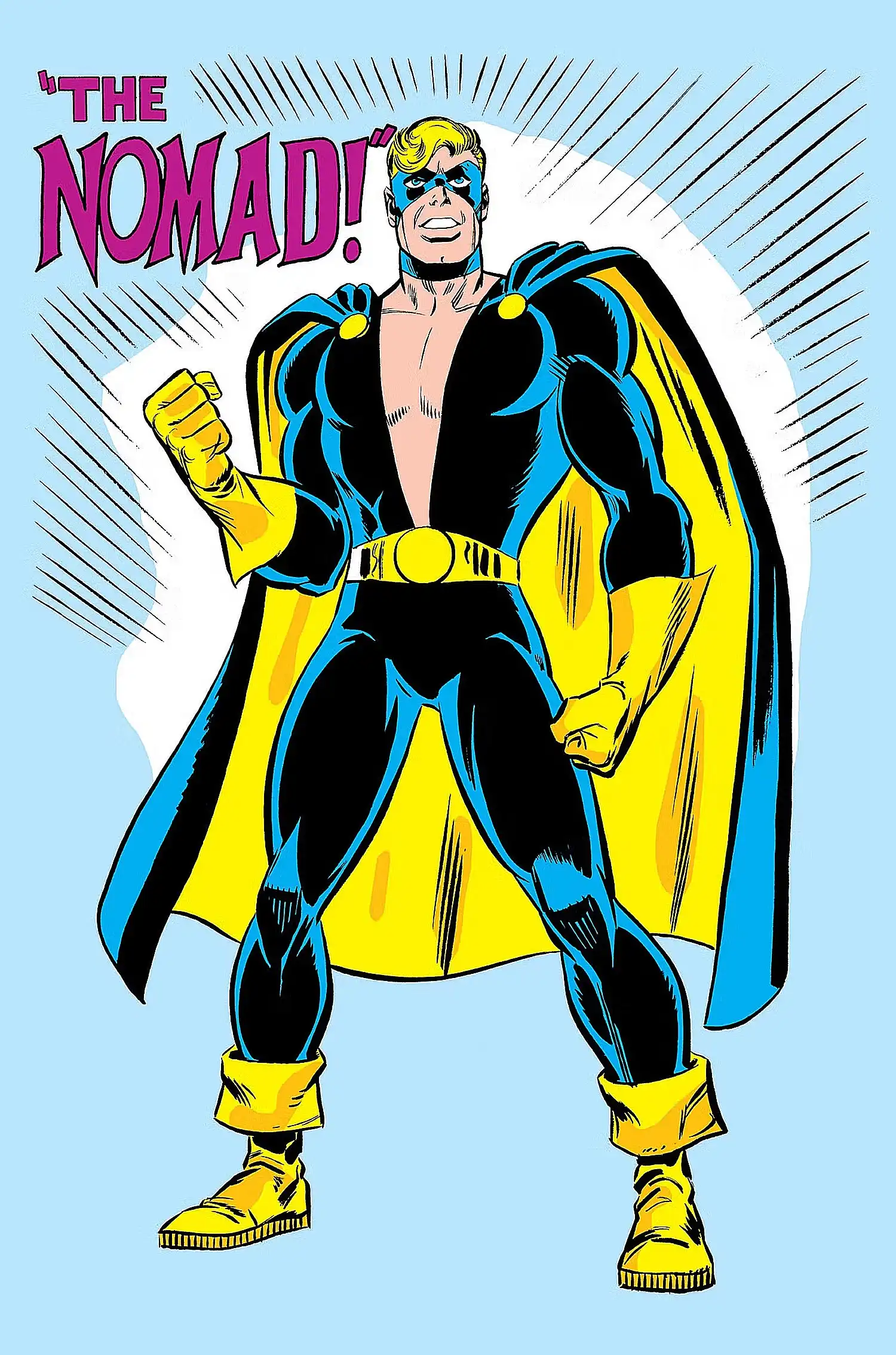 Steve Rogers as Nomad in dark blue and yellow costume with cape, comic art