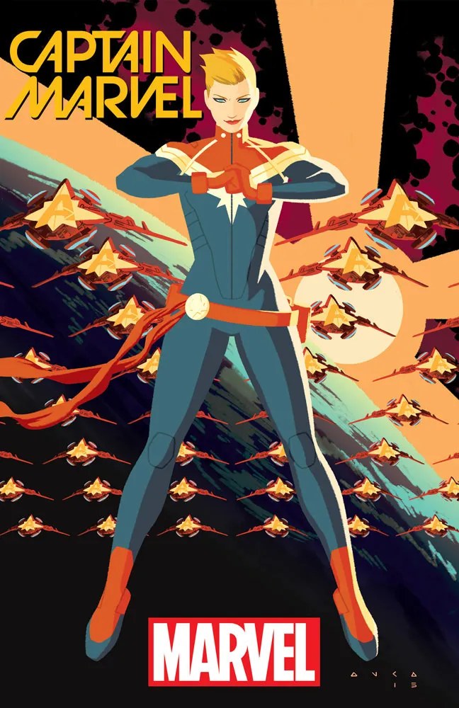 Captain Marvel standing before a fleet of starfighters, poster art