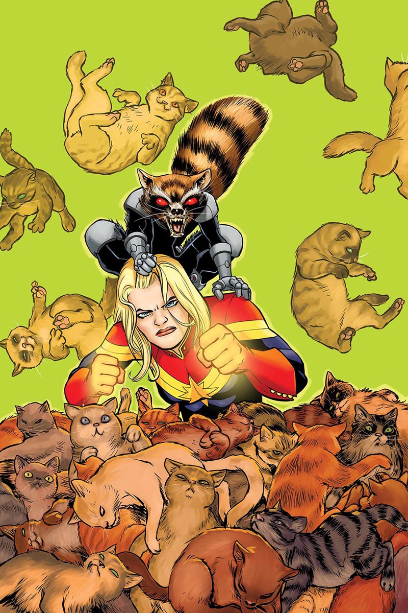 Captain Marvel and Rocket Raccoon buried in Flerken kittens