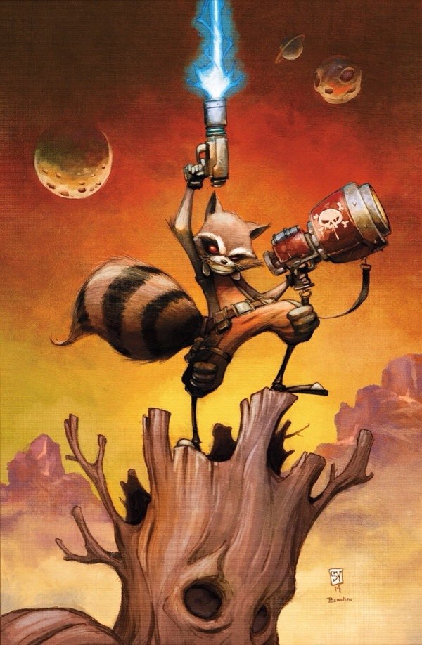 Rocket Raccoon standing on a stump, weapons raised