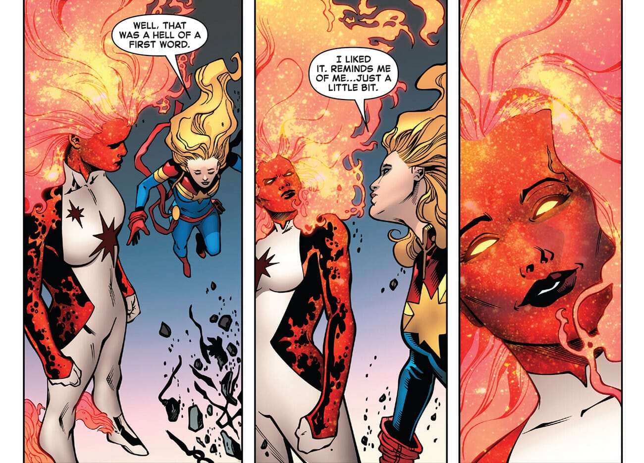 Carol Danvers as Binary wreathed in flame with fiery hair, comic art