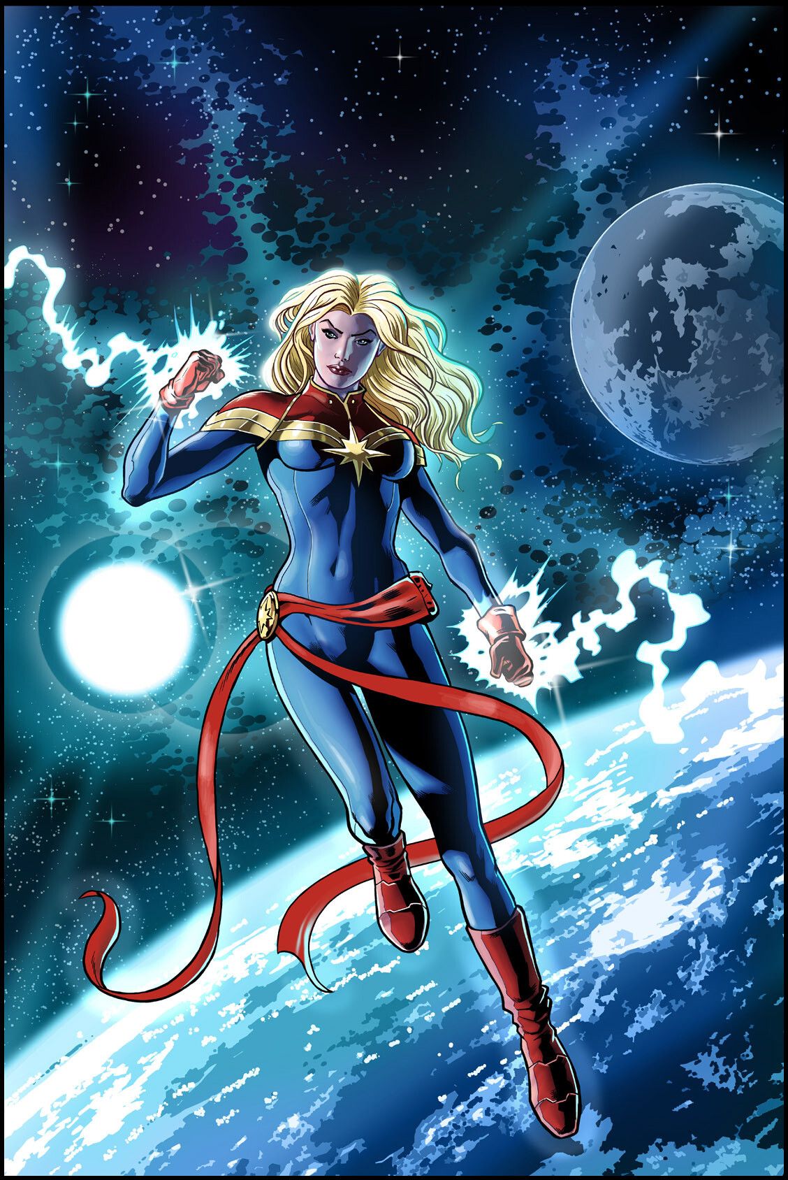 Carol Danvers flying in her red and blue uniform, comic art
