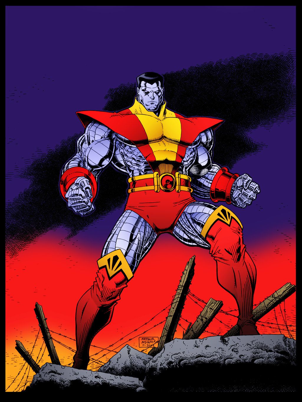 Colossus in organic steel form standing comic art