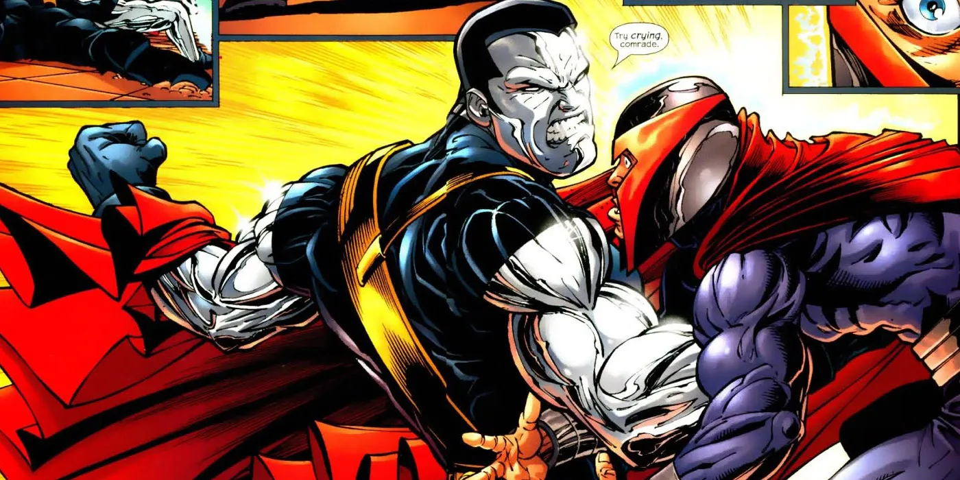 Colossus in steel form confronting Magneto comic panel