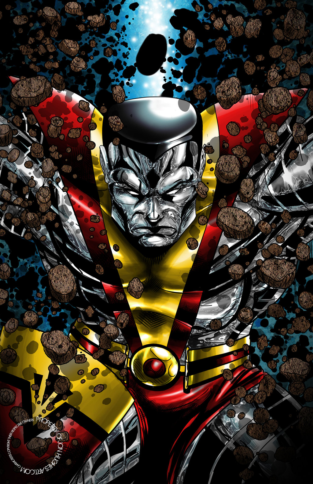 Colossus in organic steel form close-up comic art