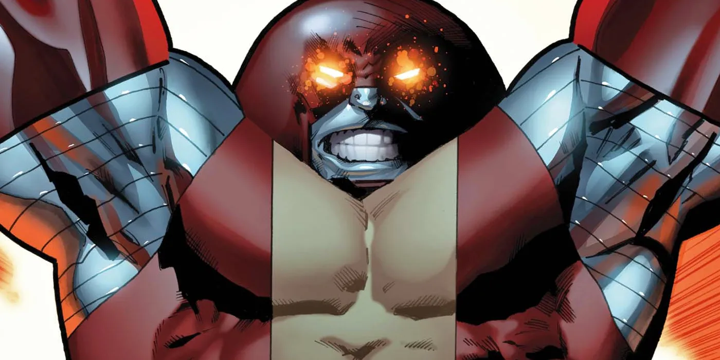 Colossus as the Juggernaut in crimson armour and domed helmet, comic art