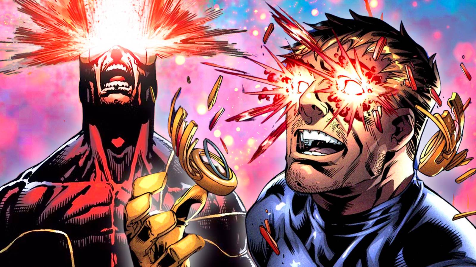 Cyclops unleashing a wide optic blast, comic art