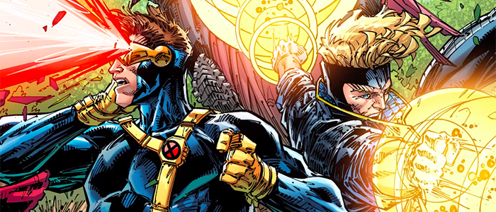Cyclops firing optic blast beside Havok firing plasma comic art