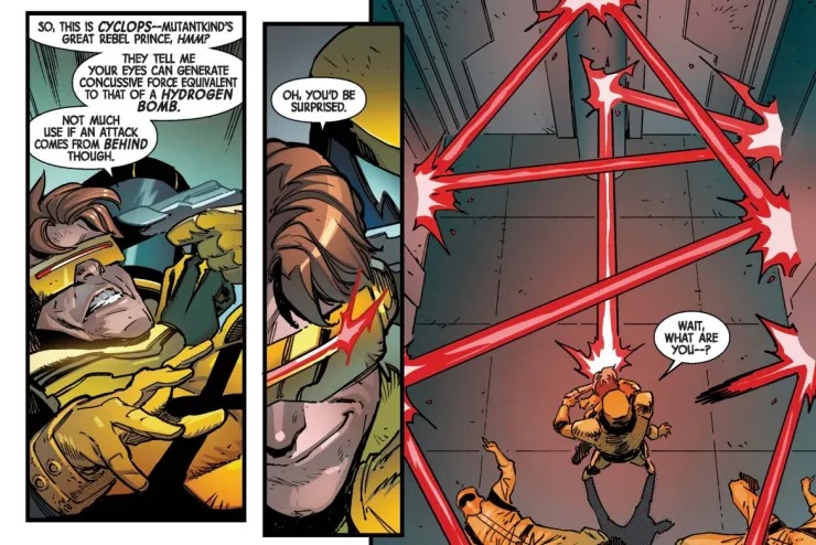 Cyclops optic blast ricocheting multiple times around a room comic panel