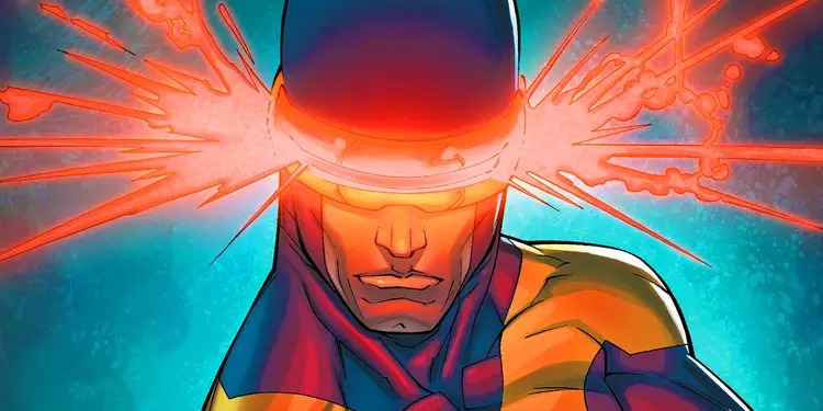 Cyclops visor erupting with optic energy close-up comic art