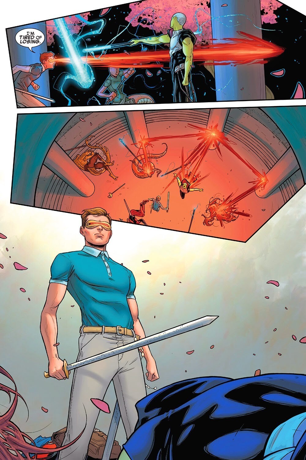 Young Cyclops optic blast bouncing between columns comic panels
