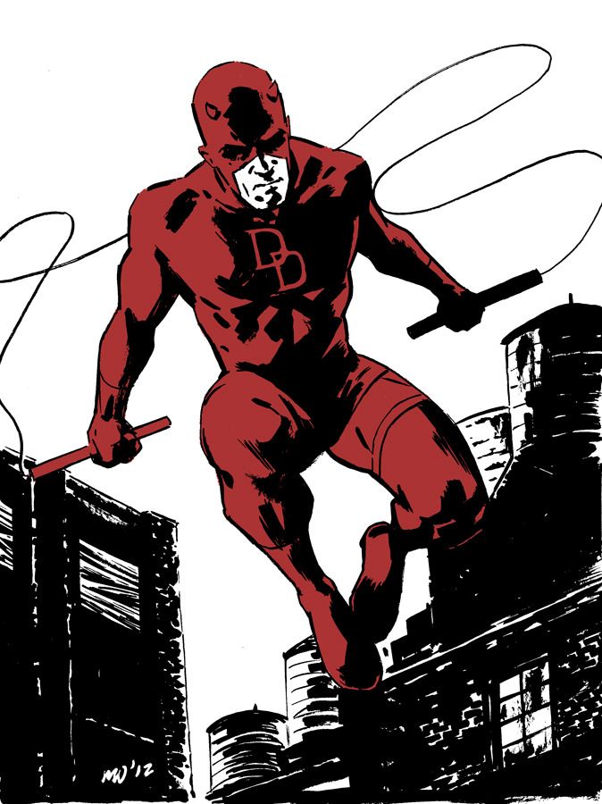 Stylized black-and-red Daredevil art with billy clubs, rooftop leap