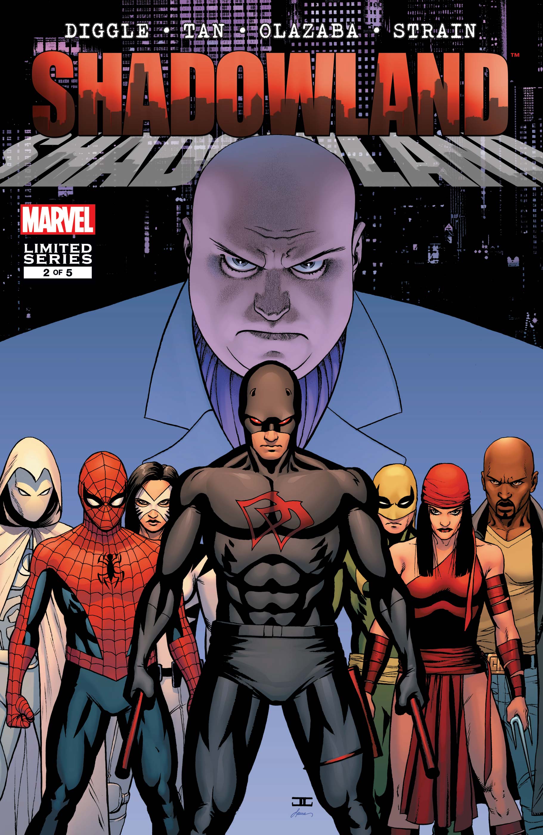 Shadowland issue 2 cover: Daredevil in a black suit with a red DD emblem, flanked by Spider-Man, Moon Knight, Iron Fist, Elektra and Luke Cage, Kingpin looming behind
