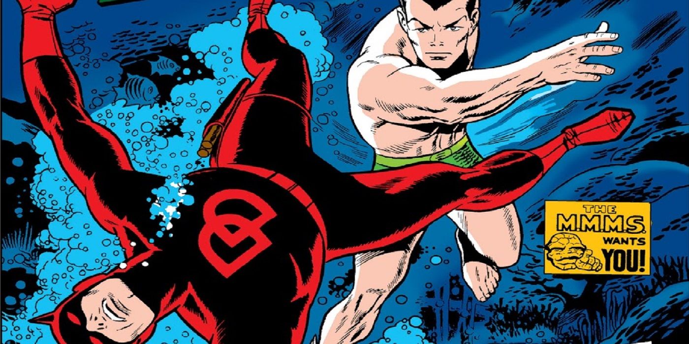 Daredevil in red costume fighting Namor underwater, detail of the Daredevil #7 cover art