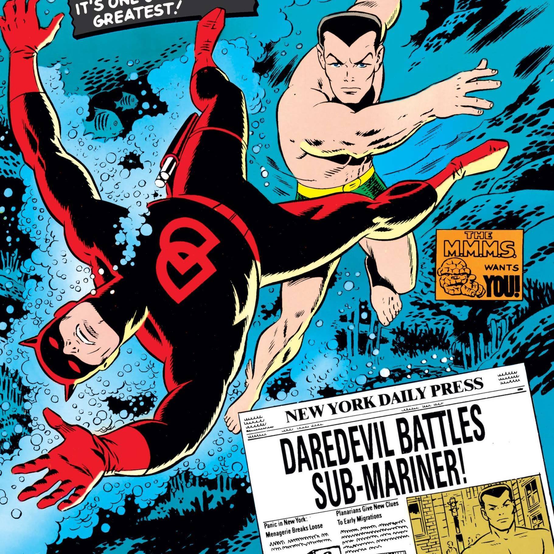 Daredevil #7 cover art: Daredevil in his new red costume battling Namor underwater, newspaper headline 'Daredevil Battles Sub-Mariner!'