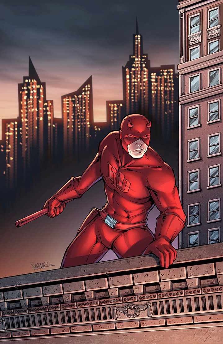 Daredevil in red costume on a rooftop at dusk comic art