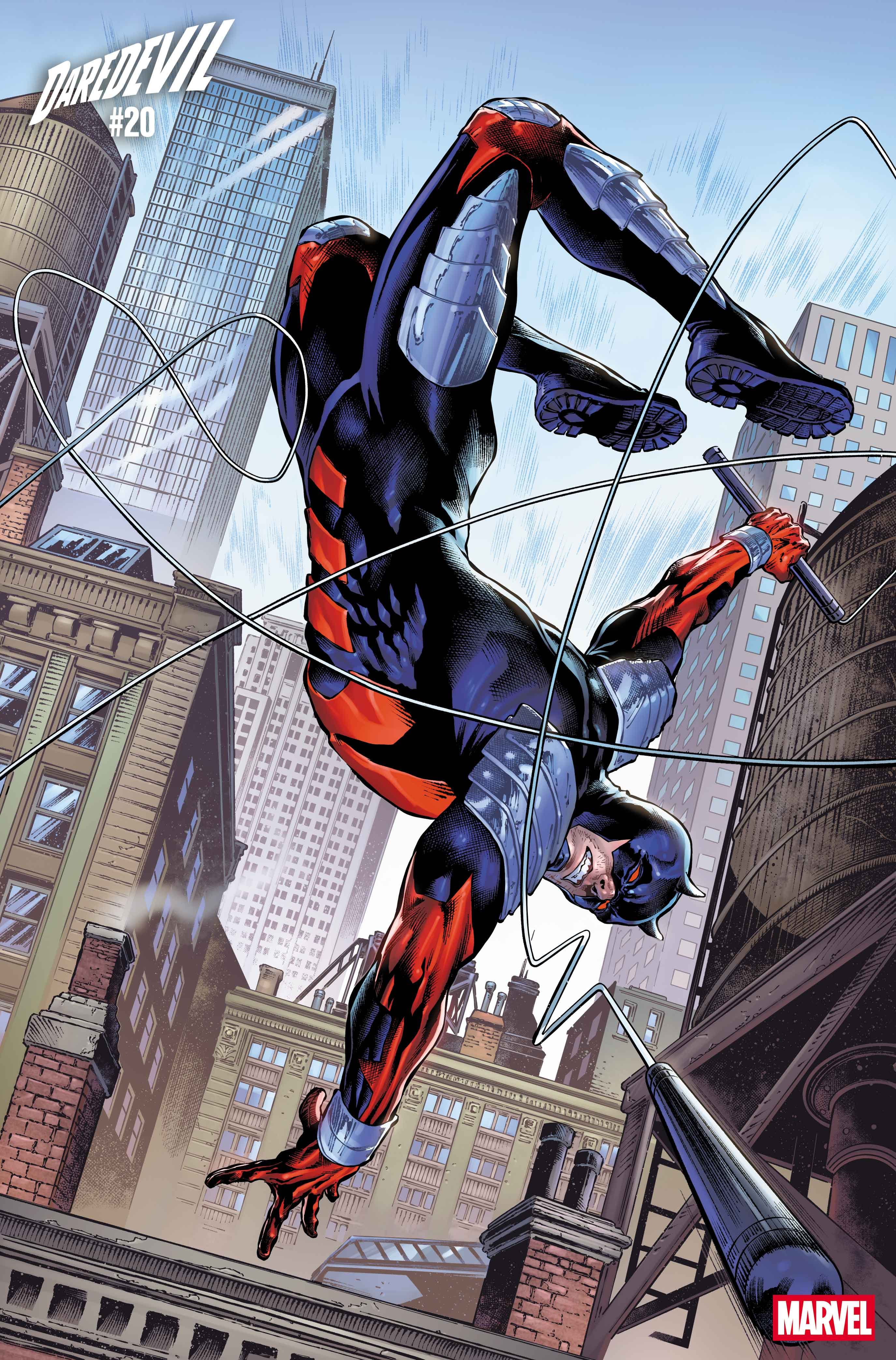 Daredevil in armored costume swinging over rooftops