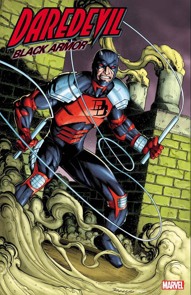 Daredevil in black and red armor comic cover