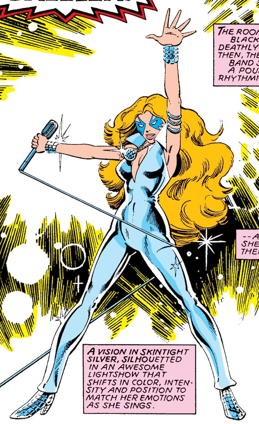 Dazzler performing on stage in her silver costume in Uncanny X-Men #130 comic art