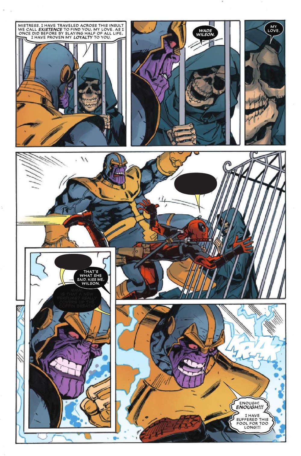 Thanos confronting Death while Deadpool intervenes, from Deadpool vs. Thanos
