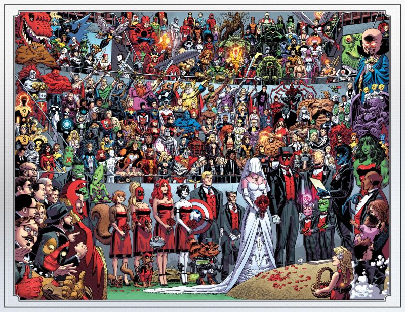 Deadpool and Shiklah at their wedding before a crowd of hundreds of characters, comic art