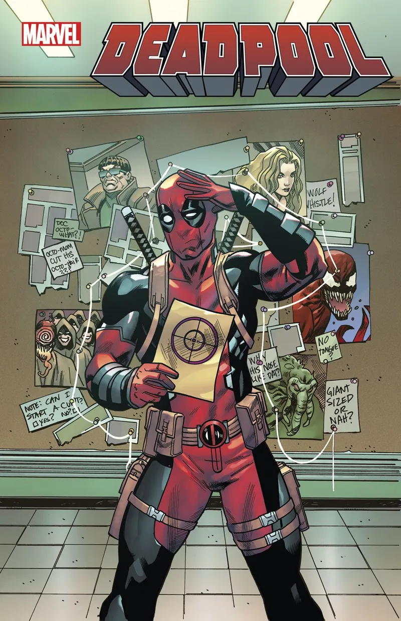Deadpool saluting at an evidence board comic cover