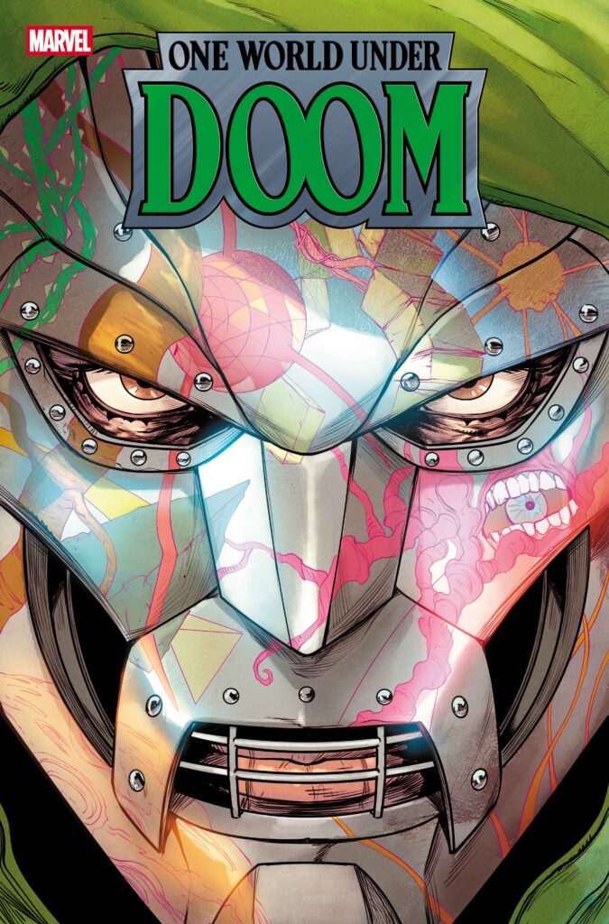 Variant cover close-up of Doctor Doom's riveted iron mask, from the 2025 One World Under Doom era