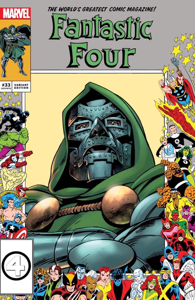 Comic art of Doctor Doom in his armor and green cloak