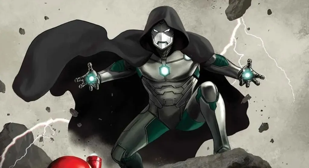Doctor Doom in gray Iron Man armor with repulsors raised