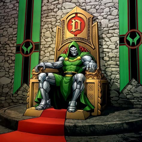 Doctor Doom seated in Latverian regalia