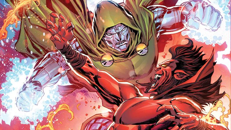 Doctor Doom grappling with Mephisto in comic art