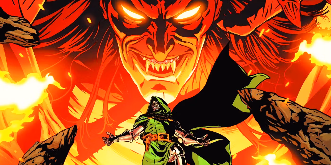 Doctor Doom standing before a towering Mephisto
