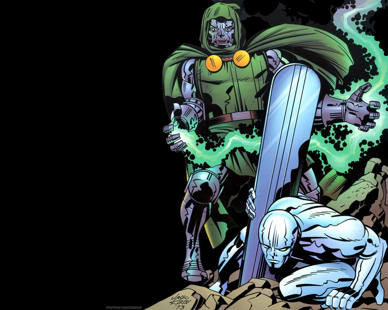 Doctor Doom standing over Silver Surfer with his board comic art