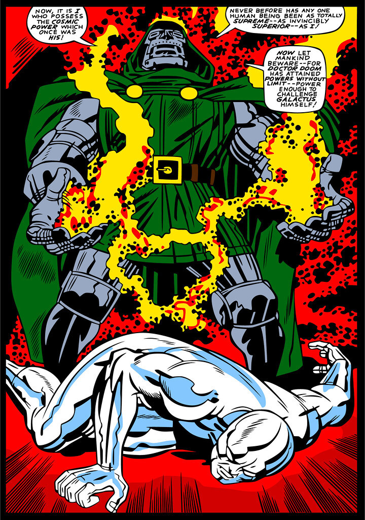 Doctor Doom with stolen Power Cosmic over fallen Silver Surfer original comic panel