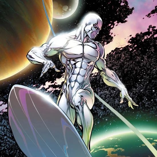 Silver Surfer on his board in space comic art
