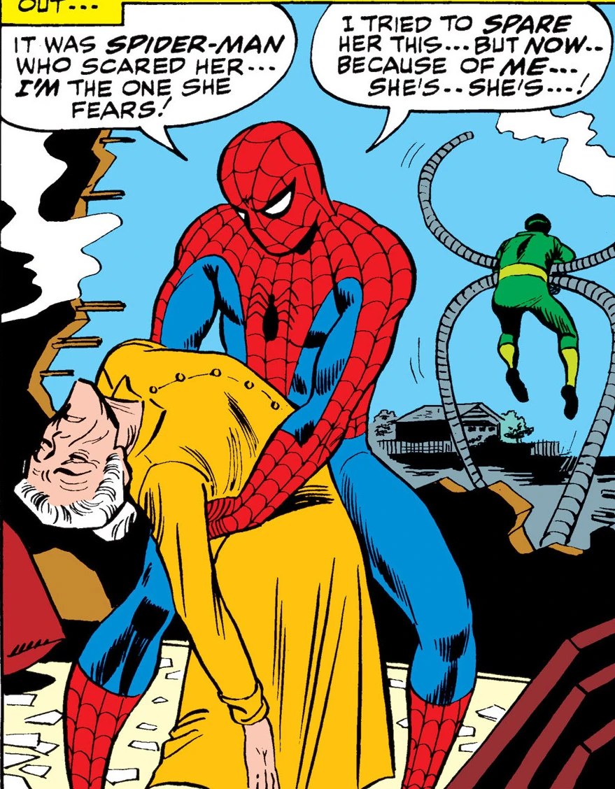 Aunt May fainting in Spider-Man's arms classic comic art