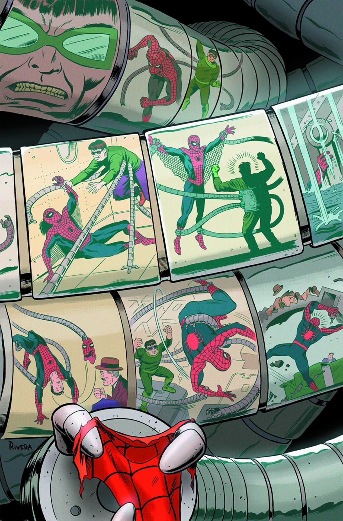 Doctor Octopus tentacles replaying battles with Spider-Man comic cover