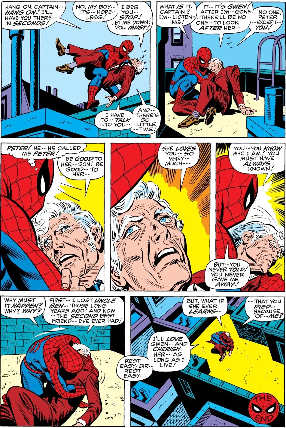 Captain Stacy dying words to Spider-Man original comic panels