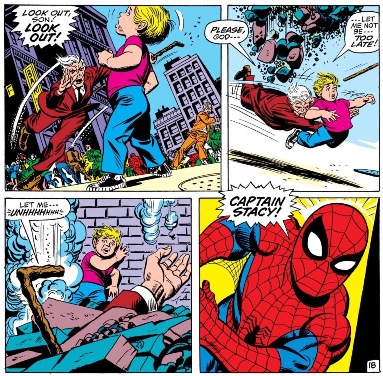 Captain Stacy saving a child from falling debris original comic panels
